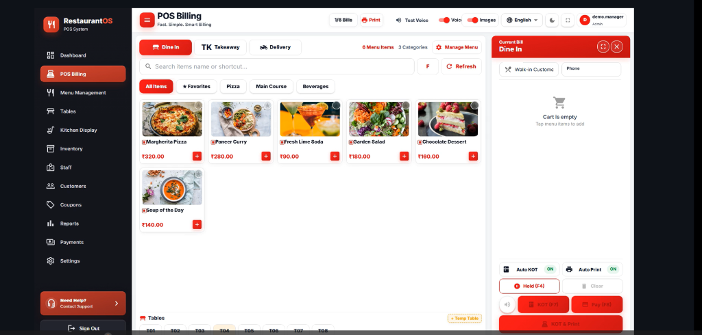 MenuMaster RestaurantOS POS Billing Terminal